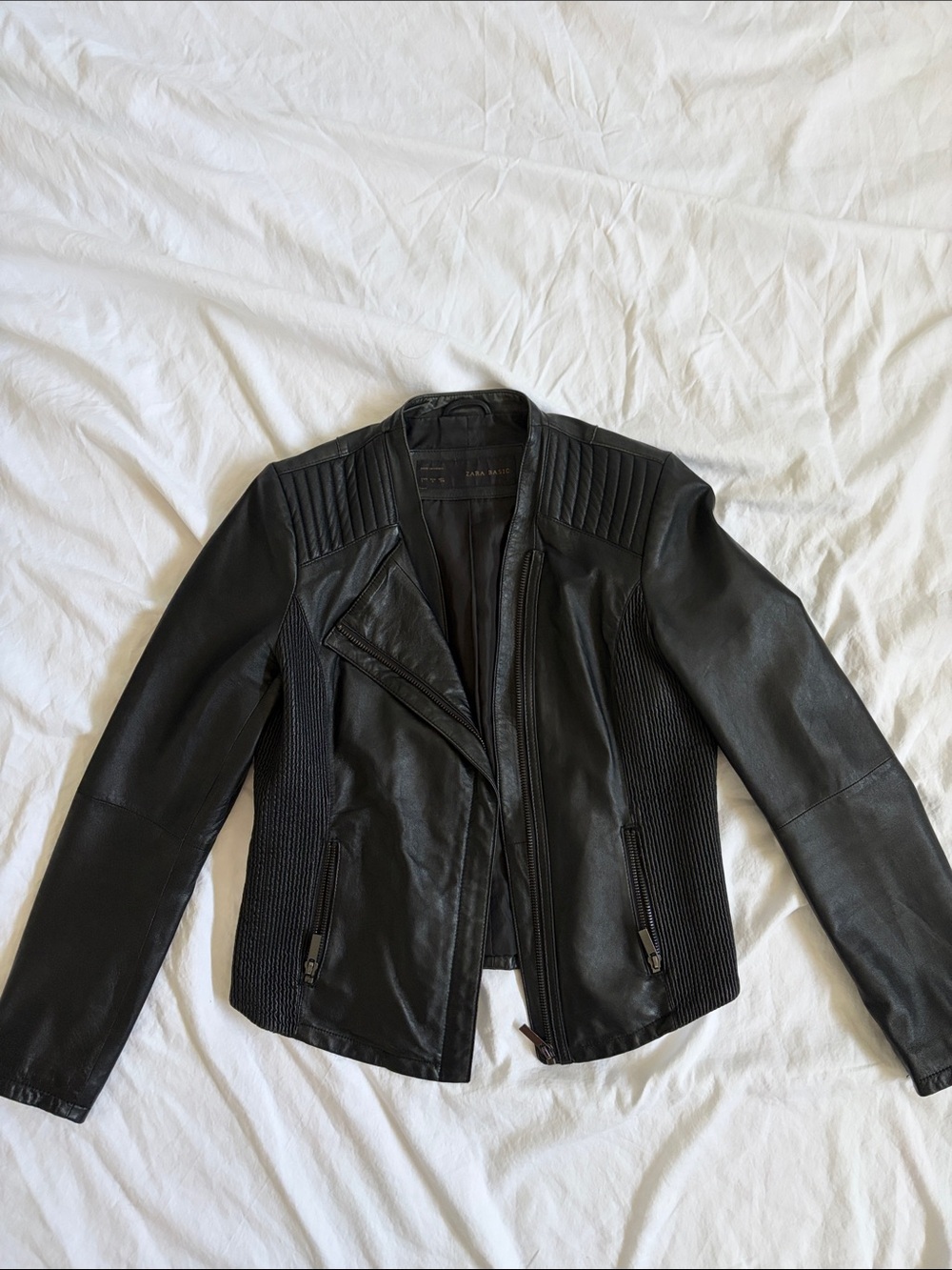 Zara Black Quilted-Shoulder Leather Moto Jacket